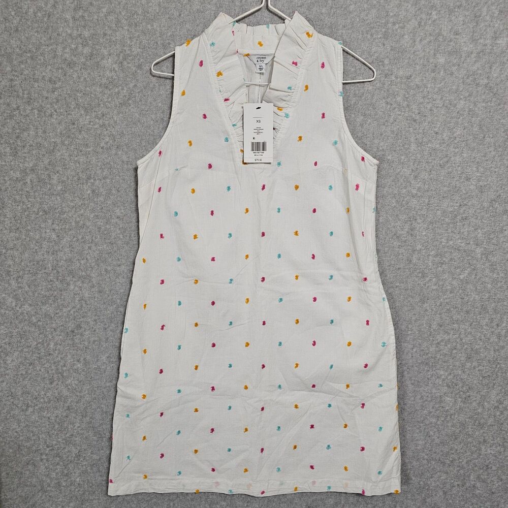 Crown & Ivy Dress NEW White Embroidered Ruffle Neck Sleeveless Pocket Size XS